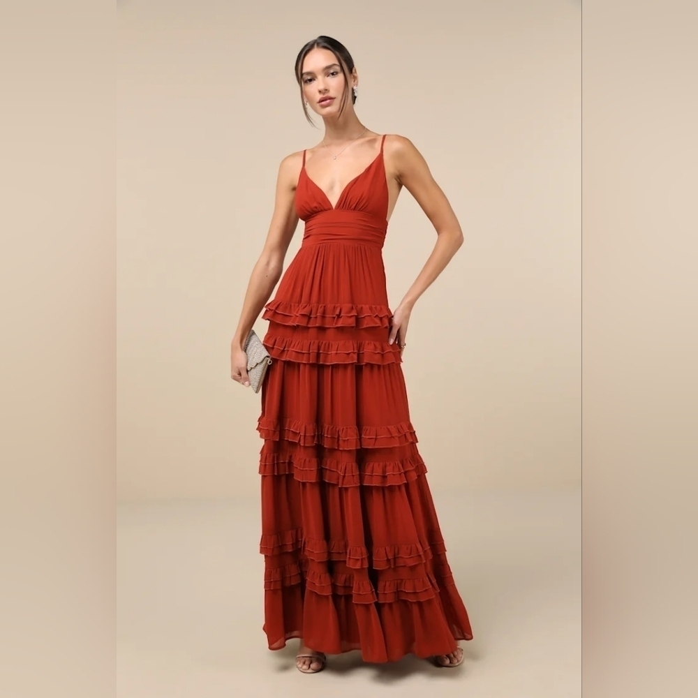 Lulus Lavish Perfection Rust Orange Ruffled Tiered Maxi Dress L Wedding Party - Picture 2 of 8